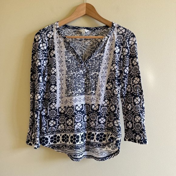 Lucky Bran Floral Print Split Neck Navy Blue Cotton Top Blouse Womens‎ Si… - Picture 1 of 3